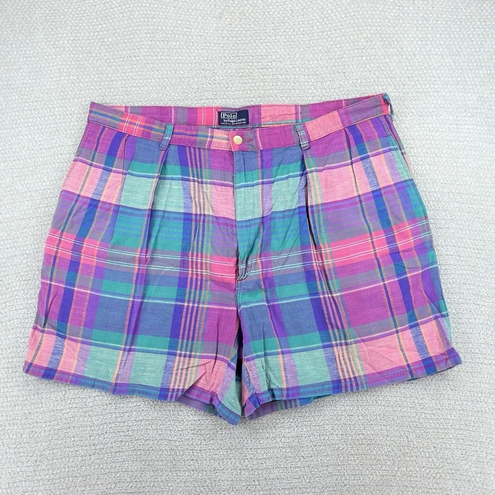 Vtg Polo Ralph Lauren Shorts Mens 40 Actual 38 Madras Plaid USA Pleated Preppy